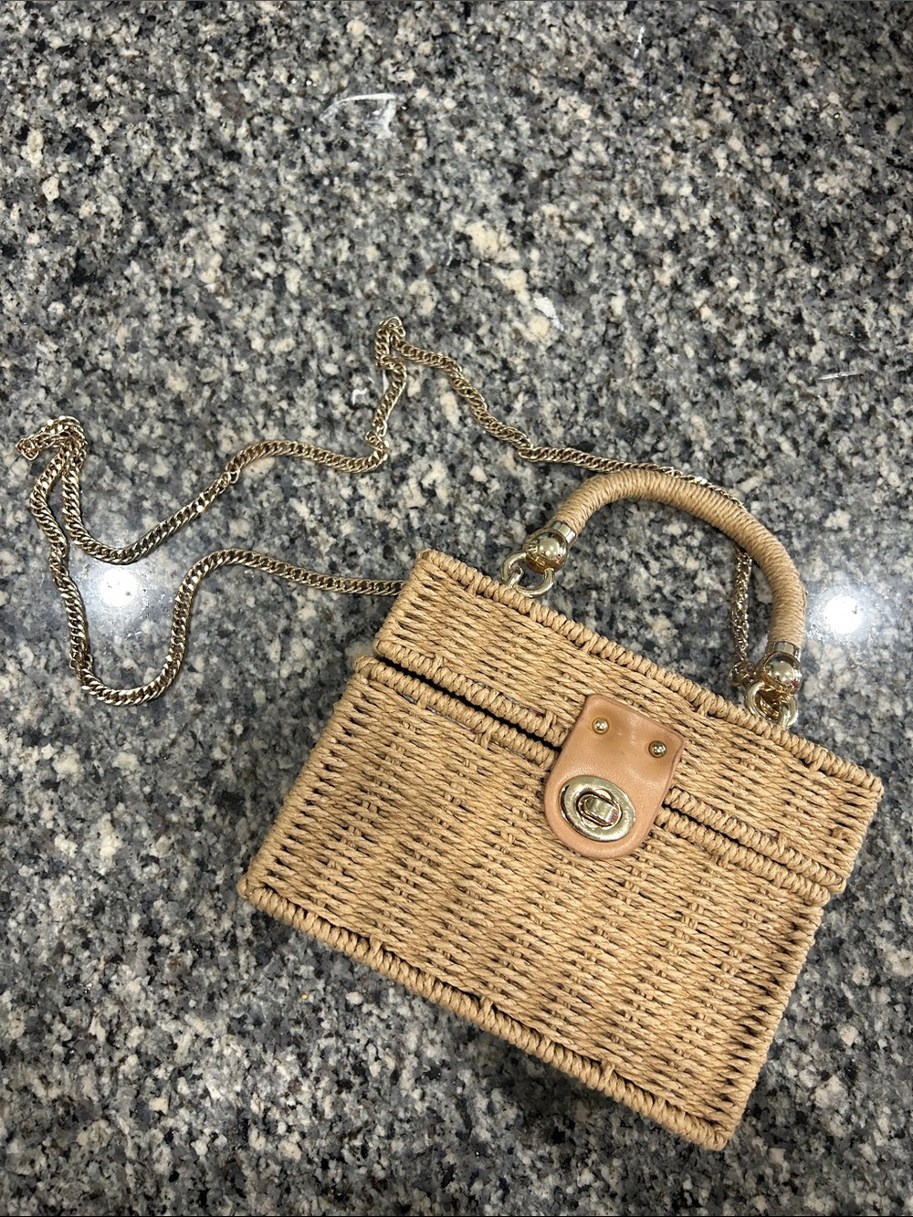 Vintage Woven Straw Top-Handle Crossbody Bag - Tan